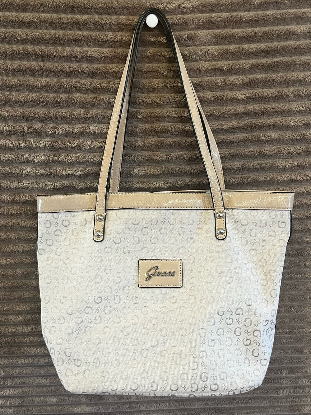 Guess Tote Bag in Cream and Tan with Monogram Print